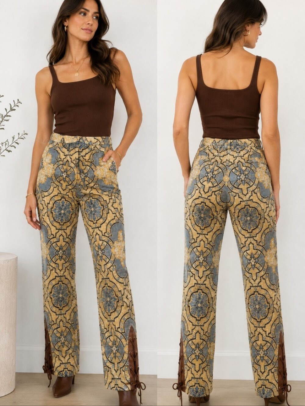 Vintage Tibi Y2K Tapestry Jacquard Wool Blend Pants Leather Lace Up Trim Size 4